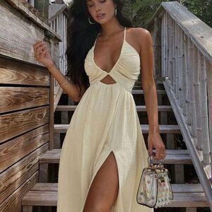 Commense‎ Cutout High-Slit Beige Midi Dress Size S